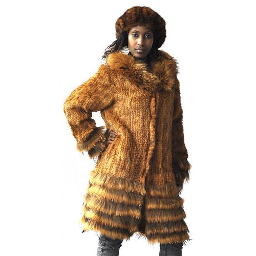 Winter Fur Ladies Whisky Genuine Knitted Mink 3/4 Coat With Raccoon Trimmings W09KQ02